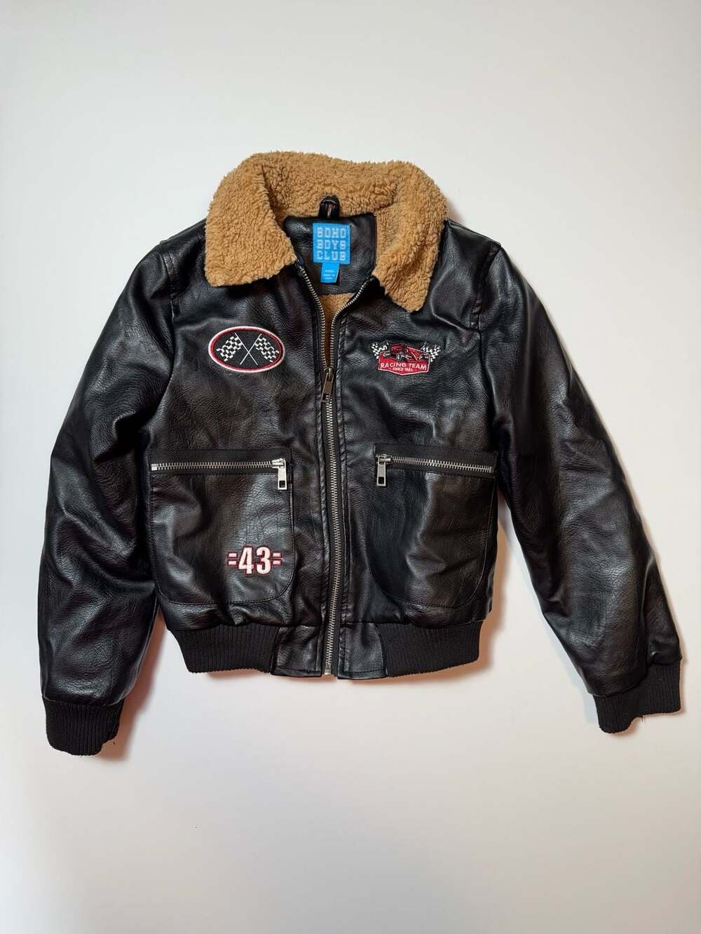 Soho Boys Club Black Faux Leather Racing Bomber Jacket with Shearling Collar Siz